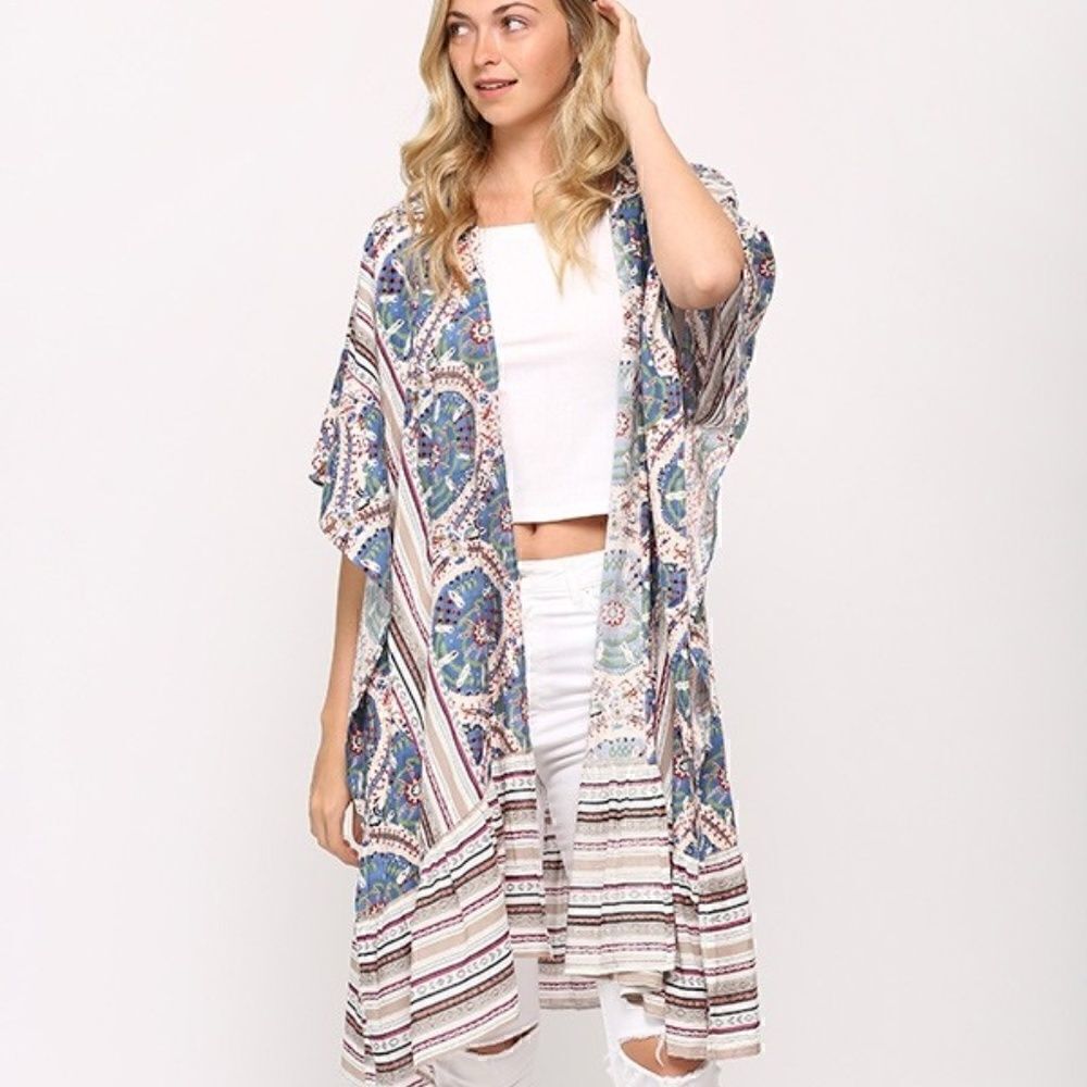 NWT! Beautiful Boho Mandala Tribal Print Ruffled Hem Kimono Duster Cardigan